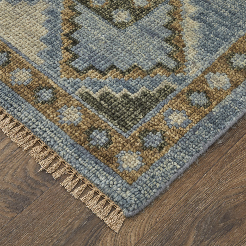 8' Ivory Tan And Blue Wool Oriental Hand Knotted Round Rug With Fringe